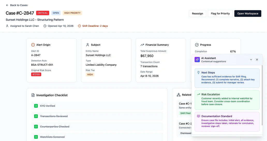 Case workspace with evidence collection panel showing linked transactions and documents