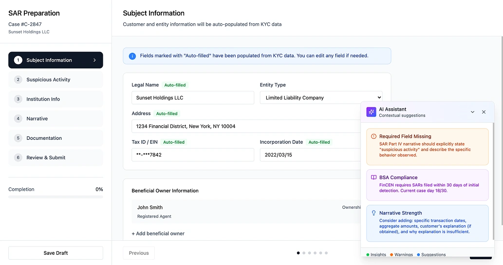 SAR filing form showing institution and currency transaction selection with pre-populated fields from investigation