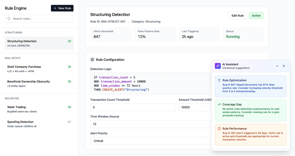 Rule Engine visual builder showing no-code logic composition with condition blocks and threshold settings