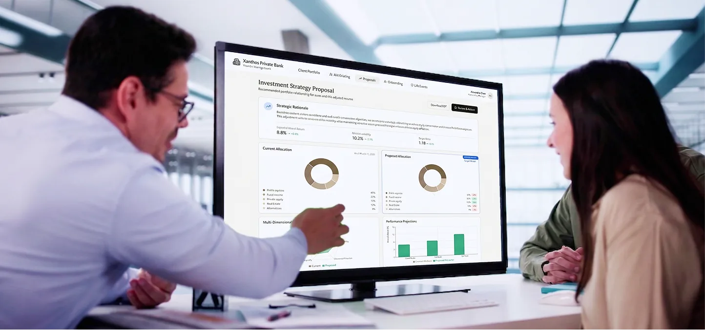 Relationship manager and client reviewing Xanthos Investment Strategy Proposal on a large monitor in a meeting room