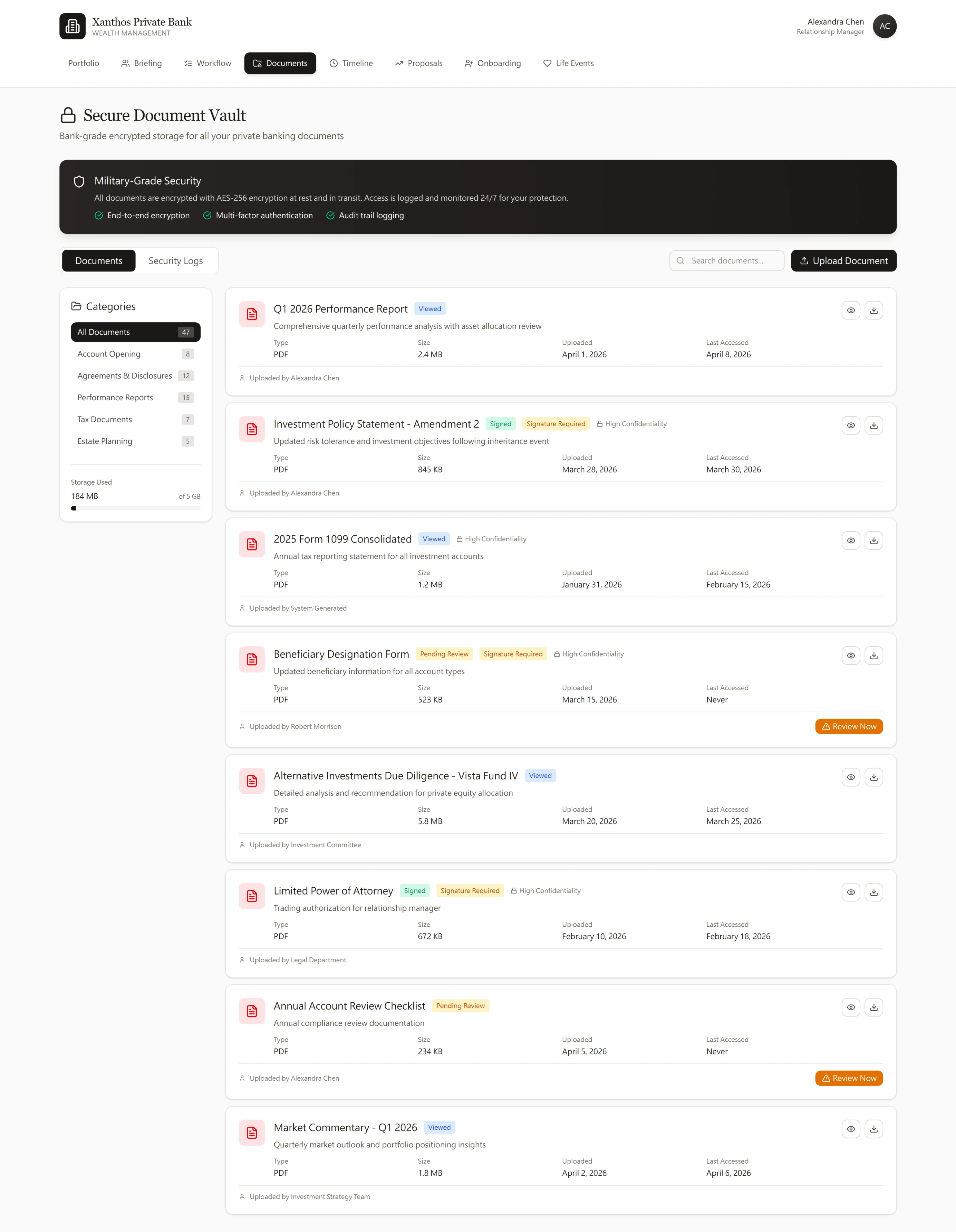 Secure Document Vault All Documents view — and audit trail logging. Left sidebar categories: All Documents 47, Account…
