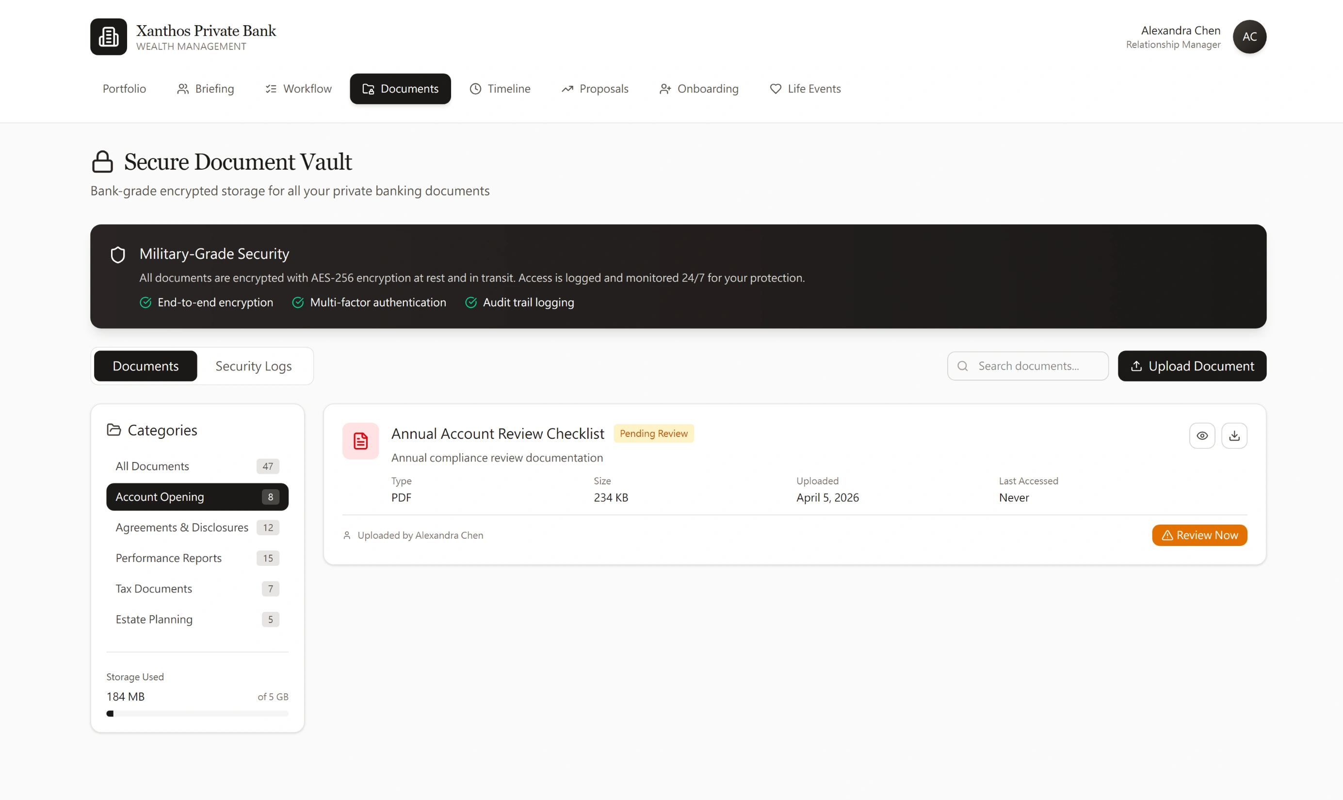 Client Briefing detail for Robert and Elizabeth Morrison — with portfolio value change of 875K up 3.7 percent, current…
