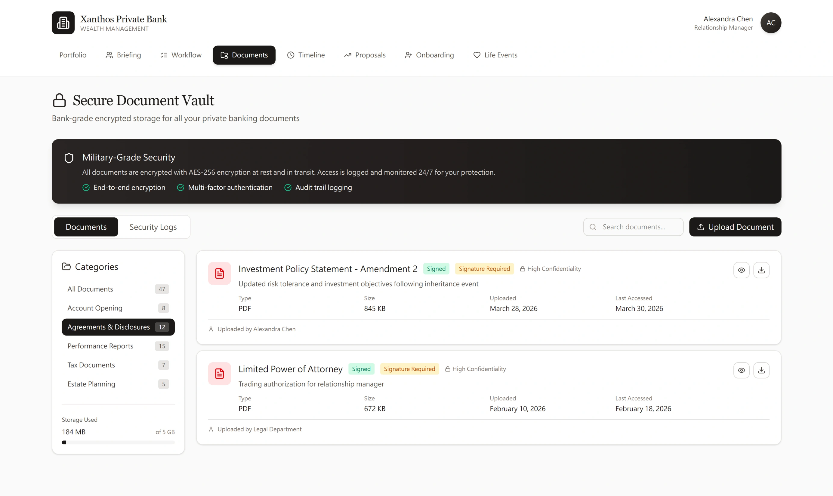Secure Document Vault filtered to Agreements and Disclosures — 12 documents. Investment Policy Statement Amendment 2…