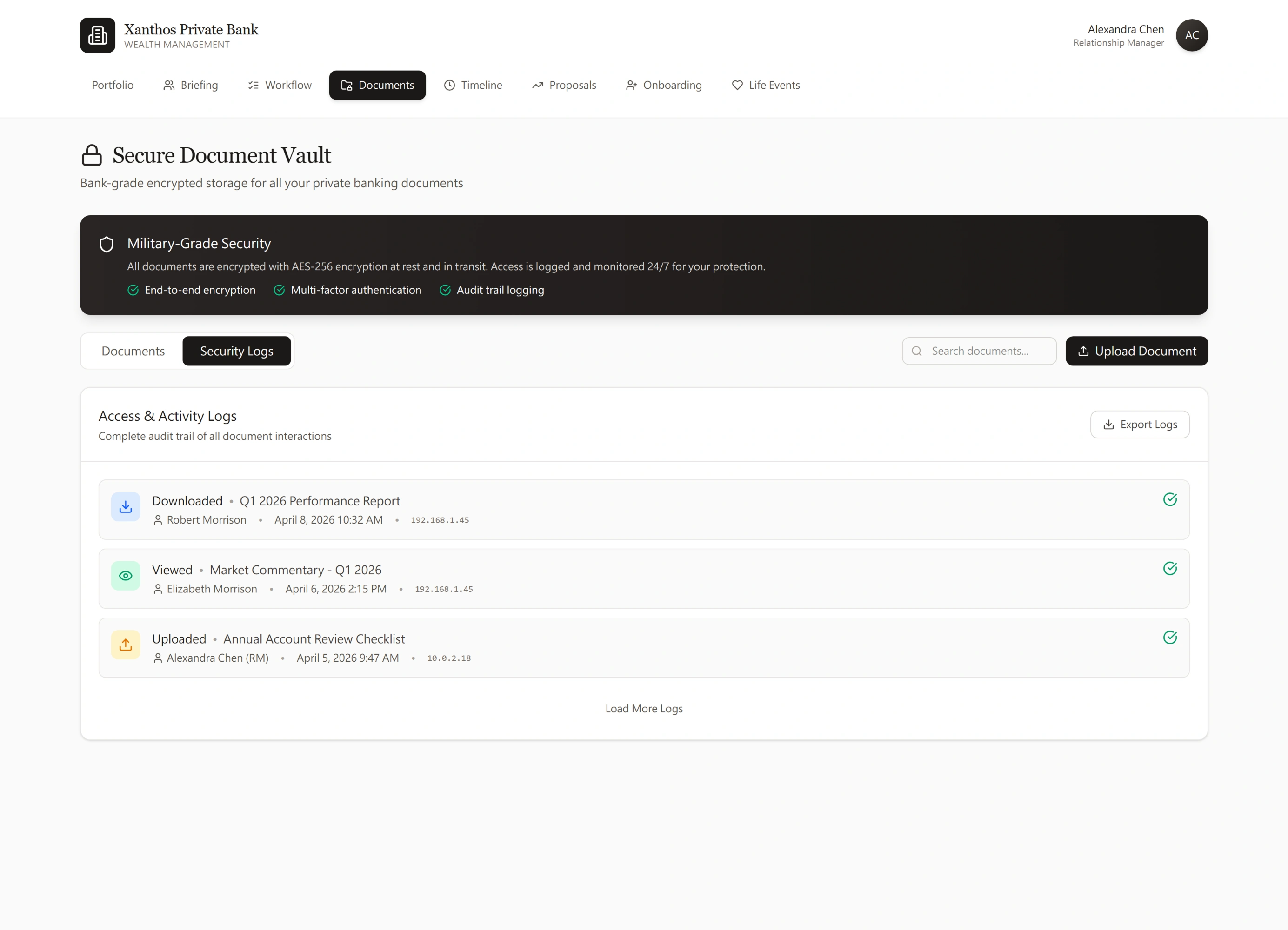 Secure Document Vault Security Logs tab — with Export Logs button. Downloaded Q1 2026 Performance Report by R. Robert…