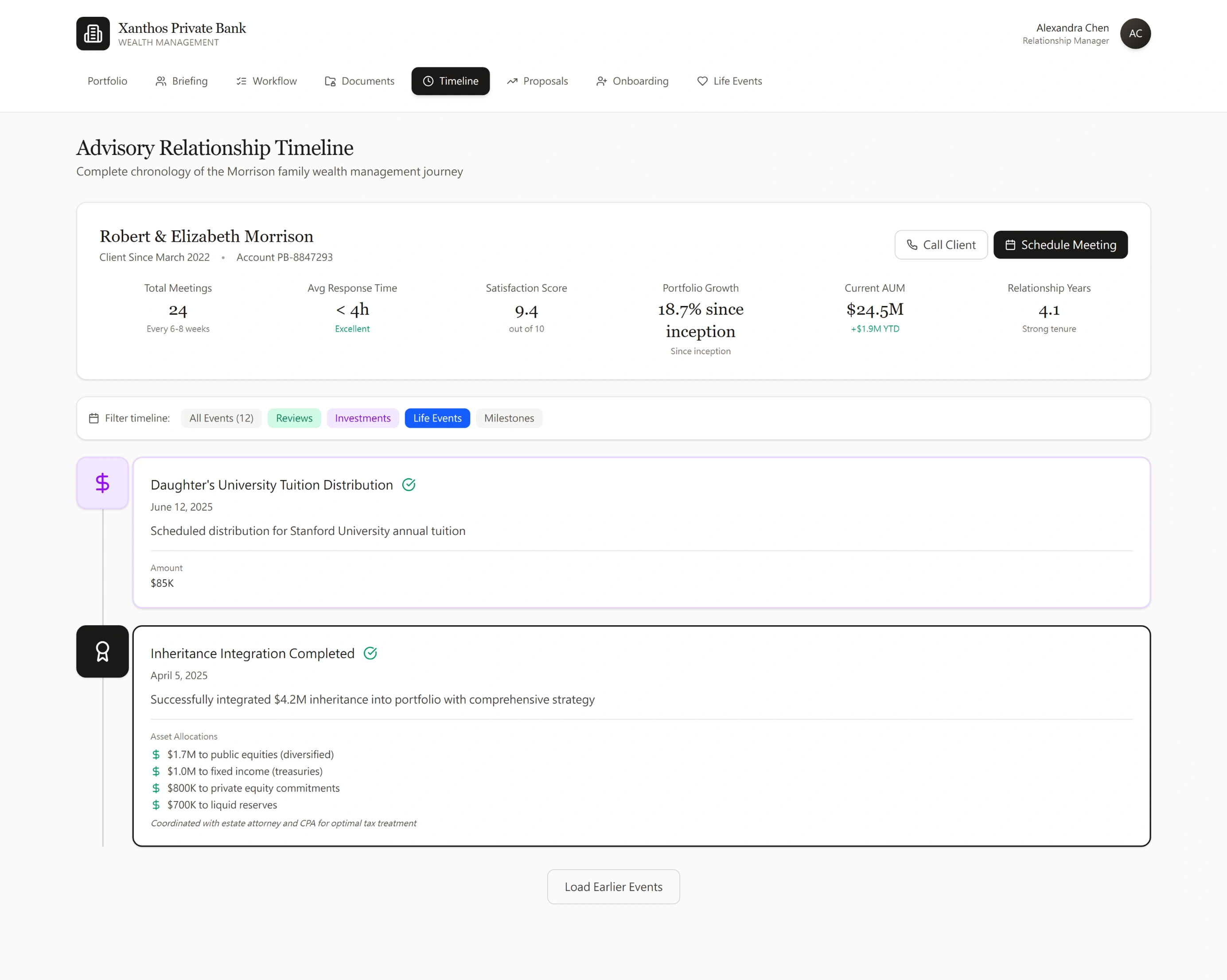 Advisory Relationship Timeline filtered to Life Events — for Stanford University annual tuition, Amount 85K. Below that…