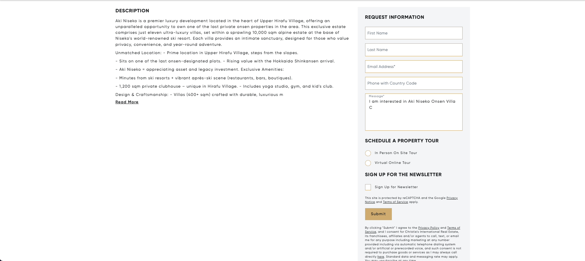 Christie's property description and private contact form — — and privacy-first design