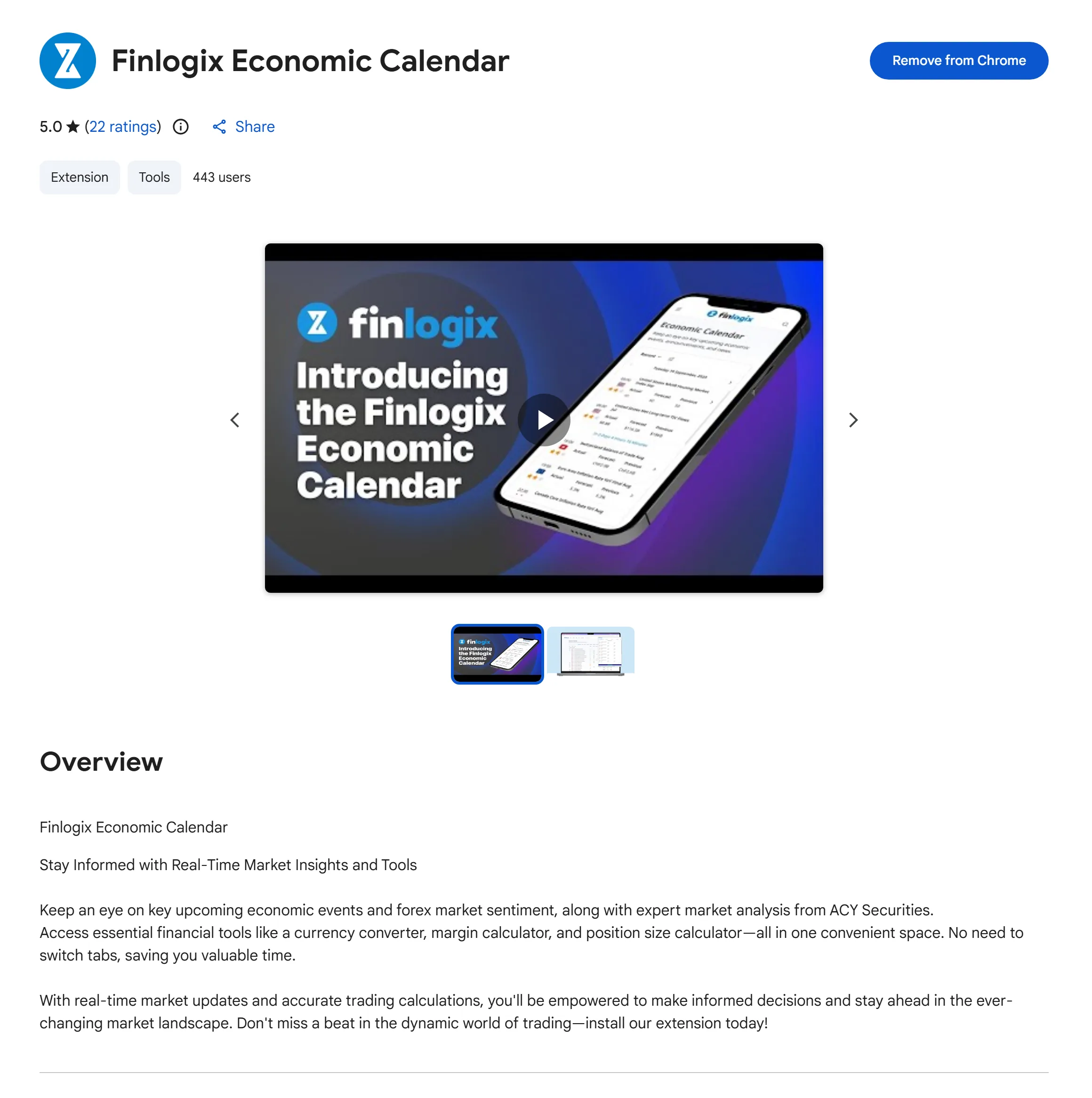 Finlogix Economic Calendar Chrome Extension - 5.0 Stars, 443 Users