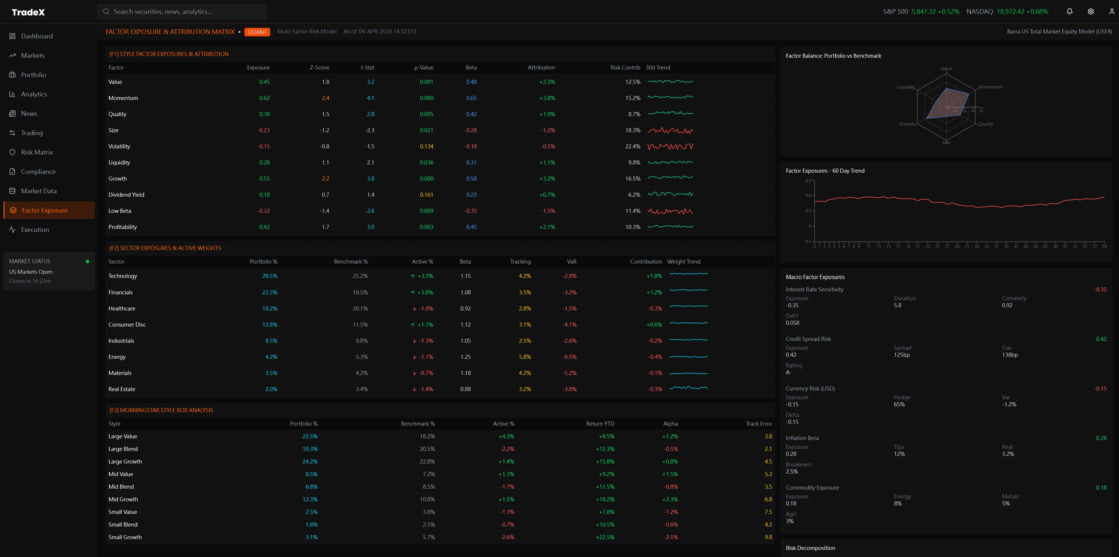 TradeX Factor Exposure and Concentration Risk view — and delta exposure breakdown