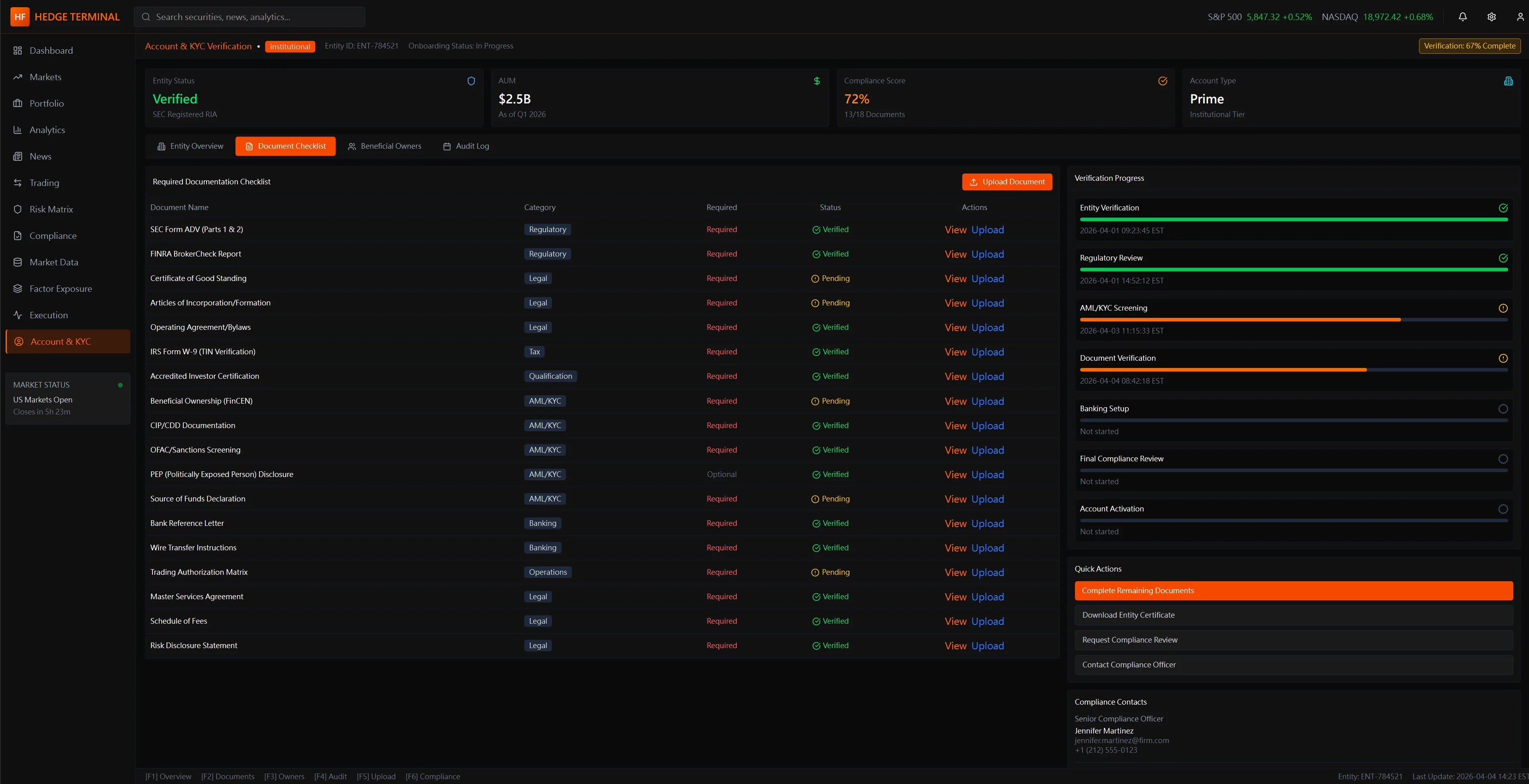 TradeX KYC Document Checklist tab — comprehensive regulatory compliance checklist — with live…
