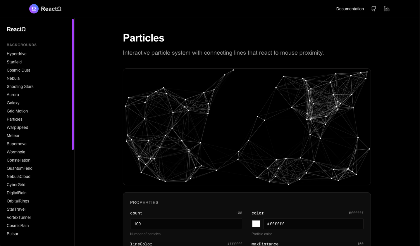 ReactΩ Particles — interactive network with mouse proximity connecting lines