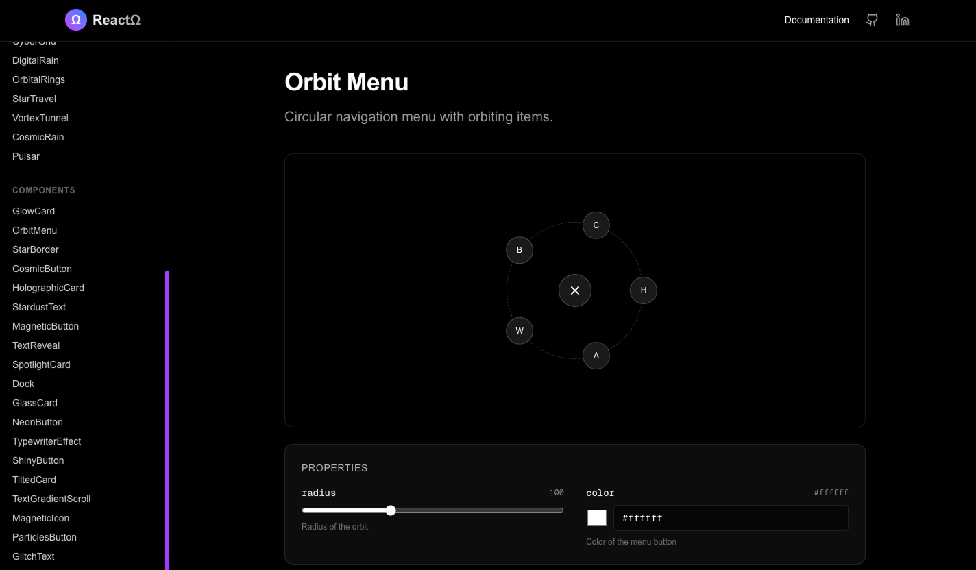 ReactΩ Orbit Menu — circular navigation component with orbiting items